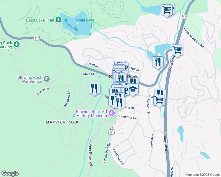 map of restaurants, bars, coffee shops, grocery stores, and more near 147 Park Avenue in Blowing Rock