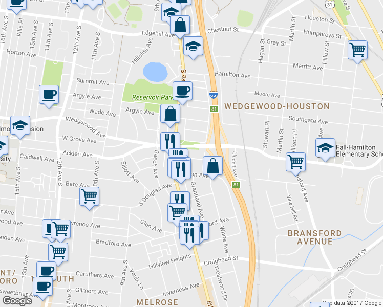 map of restaurants, bars, coffee shops, grocery stores, and more near 752 Roycroft Place in Nashville