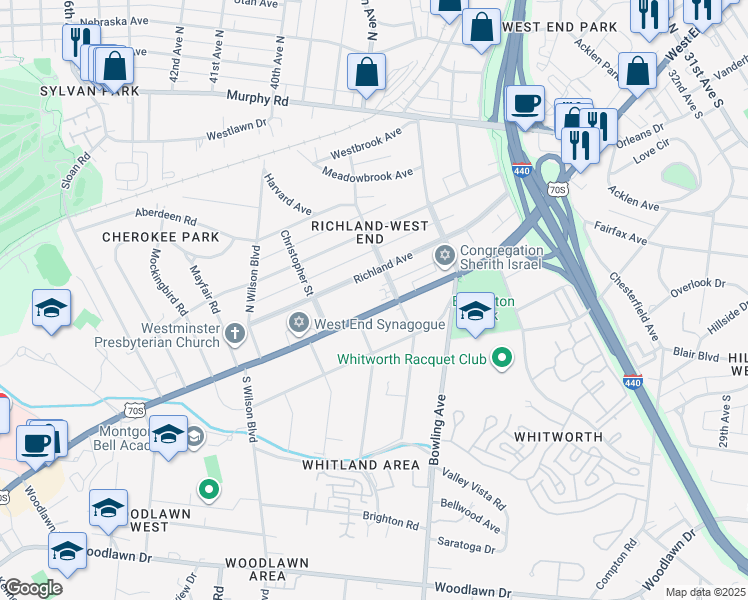 map of restaurants, bars, coffee shops, grocery stores, and more near 3708 West End Avenue in Nashville