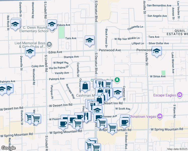 map of restaurants, bars, coffee shops, grocery stores, and more near 3109 Palmyra Circle in Las Vegas