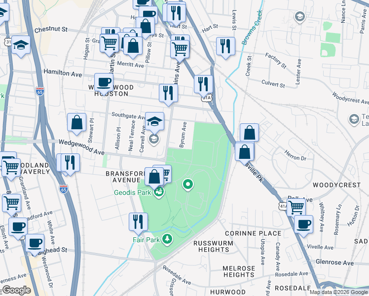 map of restaurants, bars, coffee shops, grocery stores, and more near 2168 Byrum Avenue in Nashville