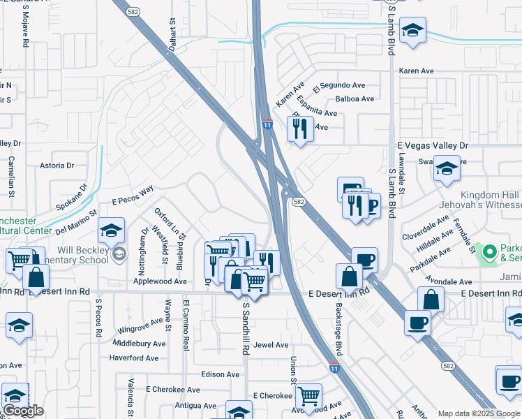 map of restaurants, bars, coffee shops, grocery stores, and more near 134 Greenbriar Townhouse Way in Las Vegas