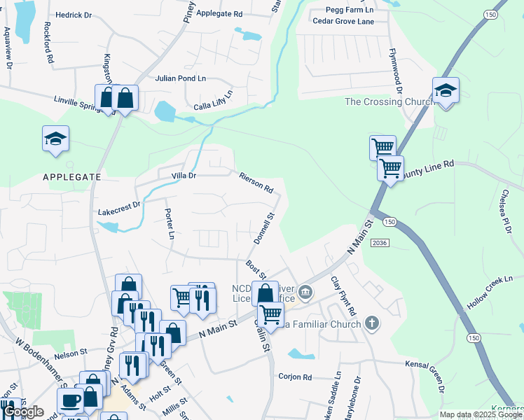 map of restaurants, bars, coffee shops, grocery stores, and more near 301 Windsor Manor Way in Kernersville