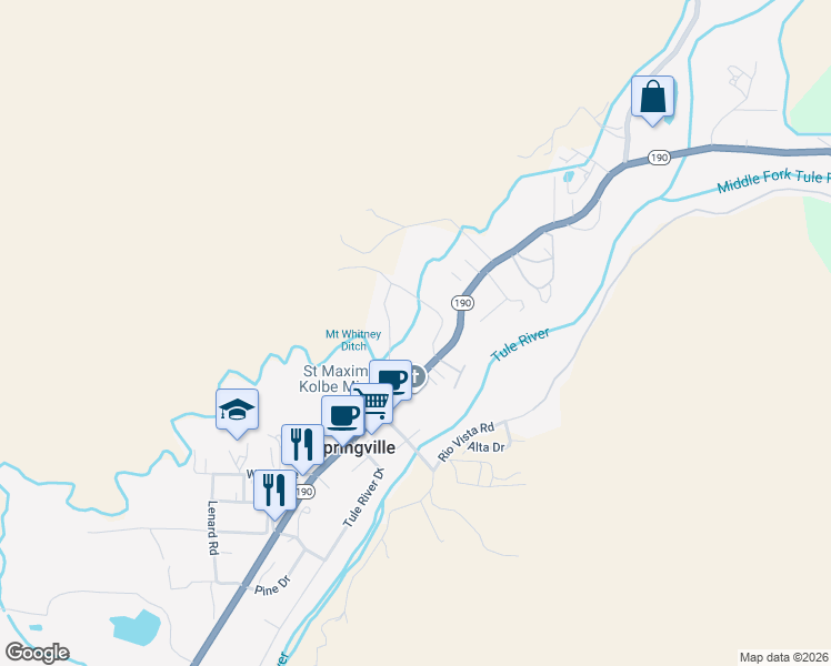 map of restaurants, bars, coffee shops, grocery stores, and more near 35800 California 190 in Springville