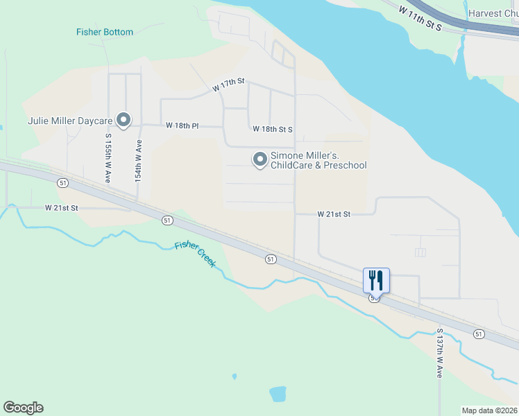 map of restaurants, bars, coffee shops, grocery stores, and more near 14512 20th Place in Sand Springs