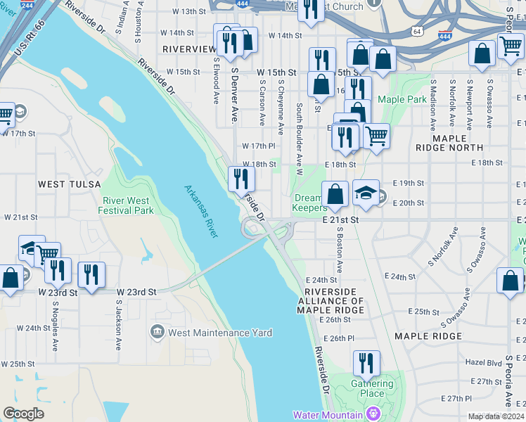 map of restaurants, bars, coffee shops, grocery stores, and more near 1929 Riverside Drive in Tulsa