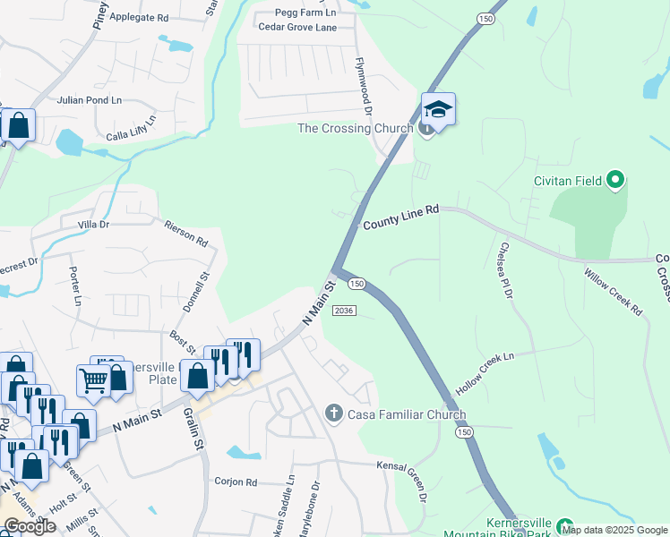map of restaurants, bars, coffee shops, grocery stores, and more near North Main Street in Kernersville