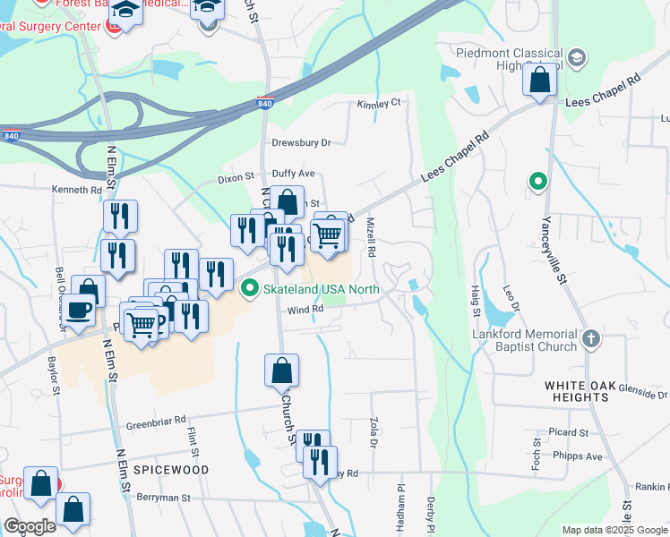 map of restaurants, bars, coffee shops, grocery stores, and more near 1316 Lees Chapel Road in Greensboro