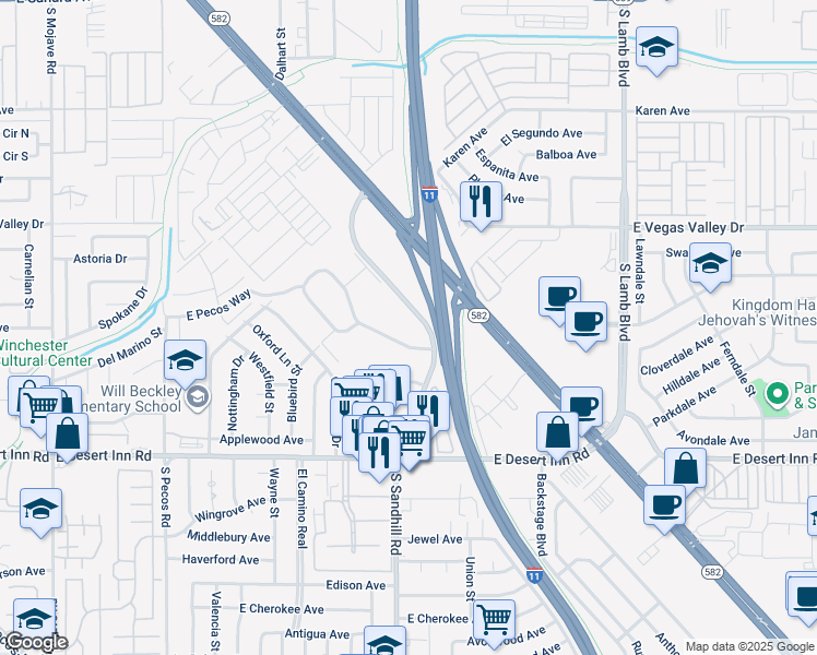 map of restaurants, bars, coffee shops, grocery stores, and more near 136 Greenbriar Townhouse Way in Las Vegas