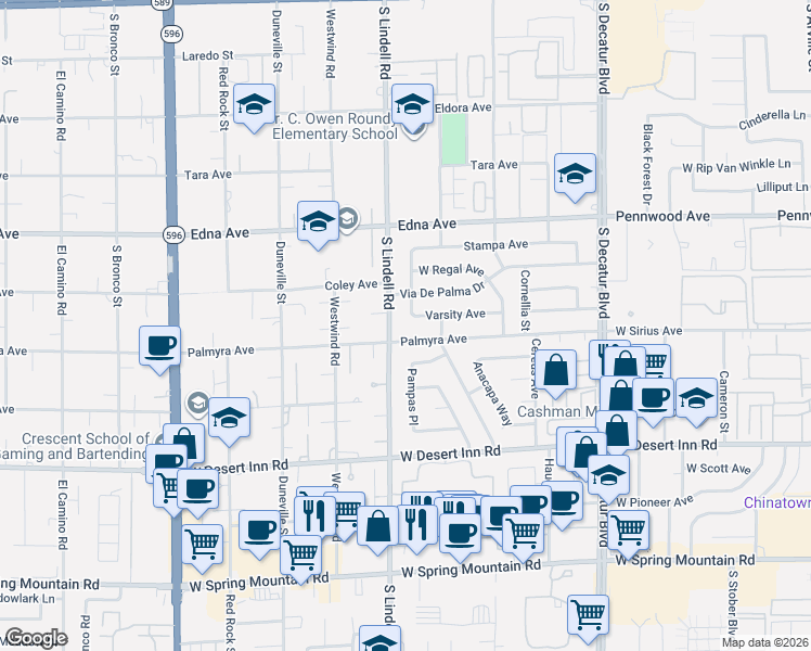 map of restaurants, bars, coffee shops, grocery stores, and more near 3090 South Lindell Road in Las Vegas