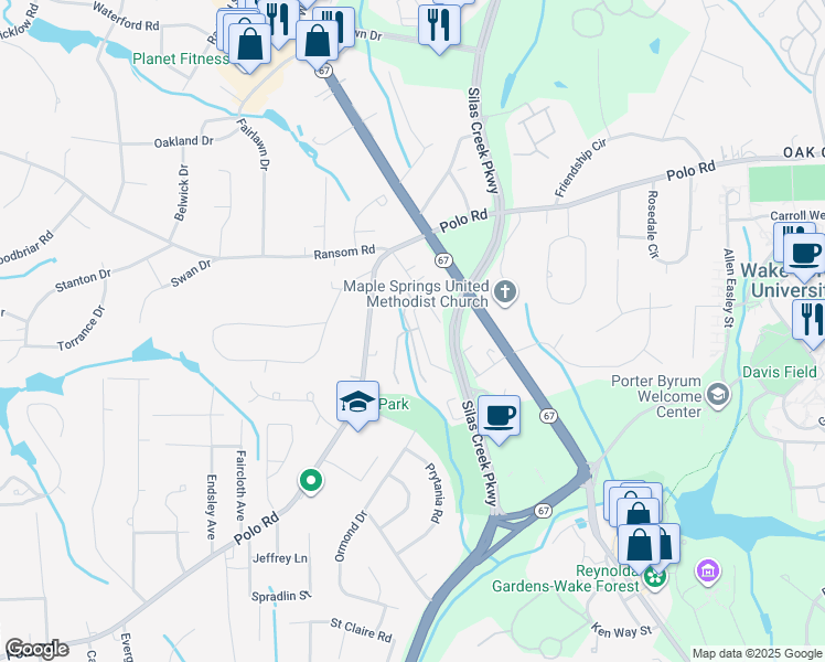 map of restaurants, bars, coffee shops, grocery stores, and more near 2865 Quincy Drive in Winston-Salem