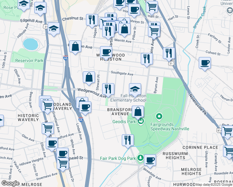 map of restaurants, bars, coffee shops, grocery stores, and more near 1818 Allison Place in Nashville