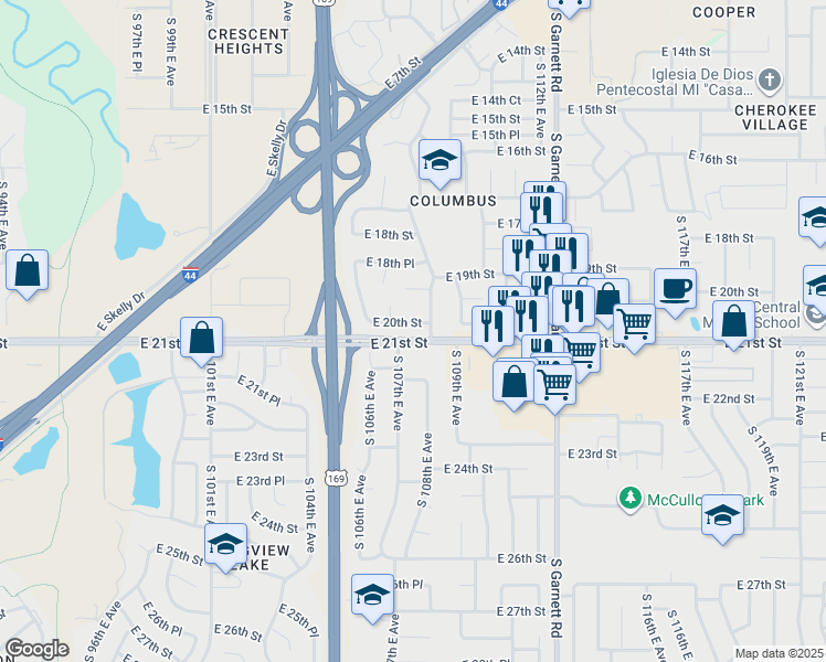 map of restaurants, bars, coffee shops, grocery stores, and more near in Tulsa