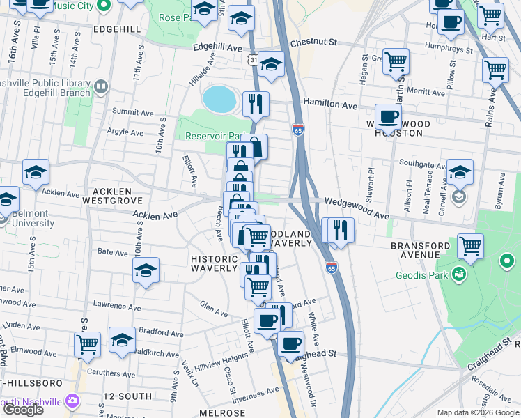 map of restaurants, bars, coffee shops, grocery stores, and more near 752 Roycroft Place in Nashville