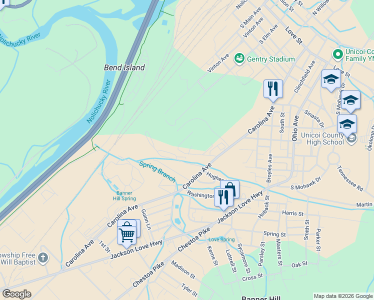 map of restaurants, bars, coffee shops, grocery stores, and more near 101 Canzada Place in Erwin