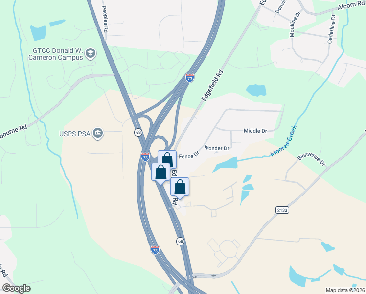 map of restaurants, bars, coffee shops, grocery stores, and more near 4505 Fence Drive in Greensboro