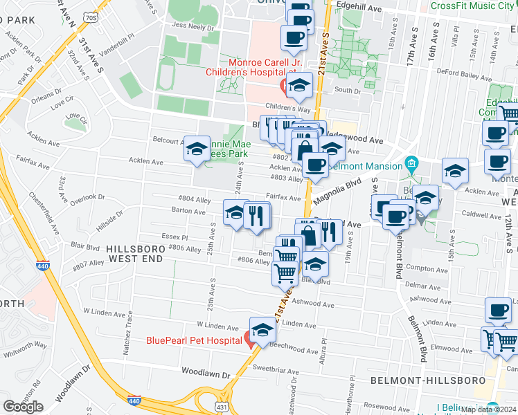 map of restaurants, bars, coffee shops, grocery stores, and more near 1907 Convent Place in Nashville