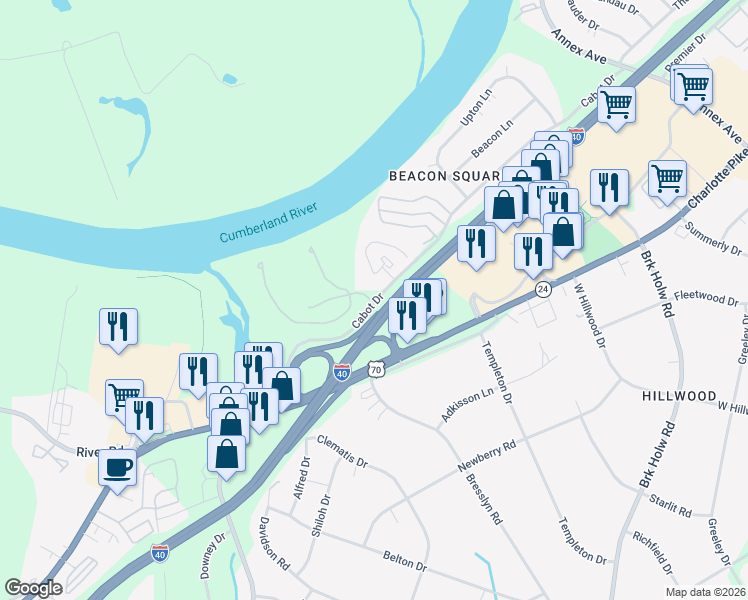 map of restaurants, bars, coffee shops, grocery stores, and more near 7600 Cabot Drive in Nashville