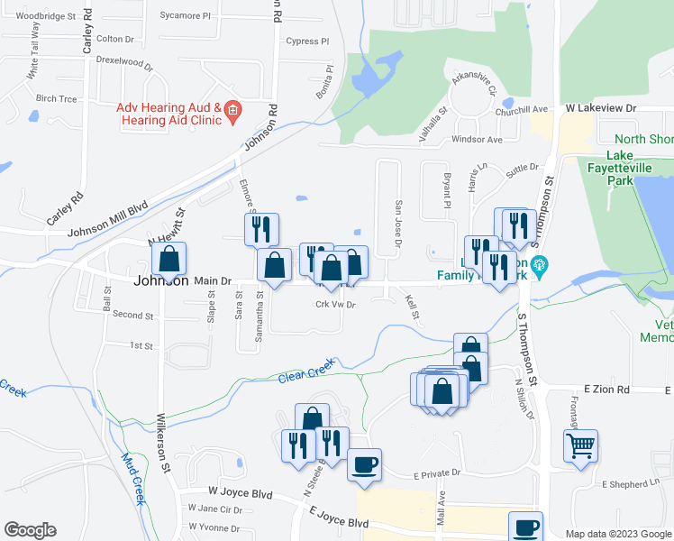 map of restaurants, bars, coffee shops, grocery stores, and more near 5631 Blake Lane in Springdale