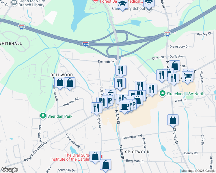 map of restaurants, bars, coffee shops, grocery stores, and more near 3619 N Elm St in Greensboro
