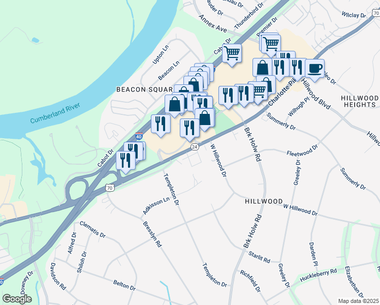 map of restaurants, bars, coffee shops, grocery stores, and more near 6813 Charlotte Pike in Nashville
