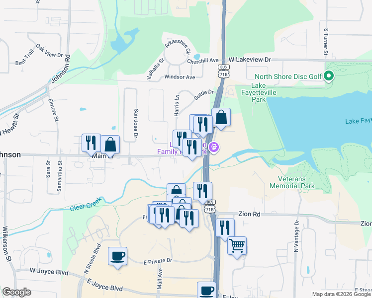 map of restaurants, bars, coffee shops, grocery stores, and more near 1564-1584 Main Dr in Springdale