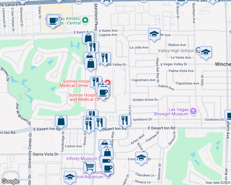 map of restaurants, bars, coffee shops, grocery stores, and more near 1405 East Vegas Valley Drive in Las Vegas