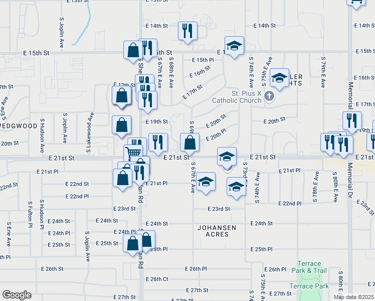 map of restaurants, bars, coffee shops, grocery stores, and more near 6811 East 21st Street in Tulsa