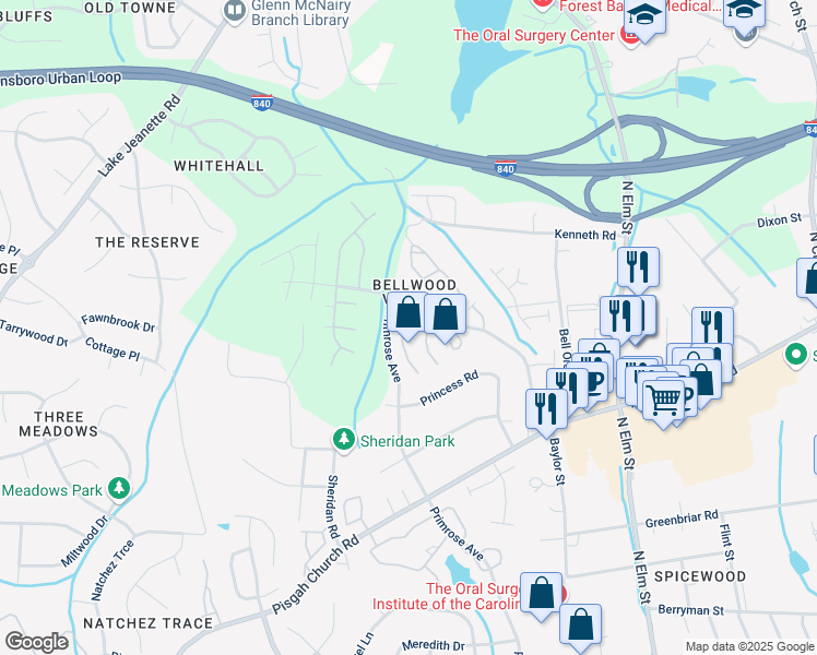map of restaurants, bars, coffee shops, grocery stores, and more near 4385 Baylor Street in Greensboro