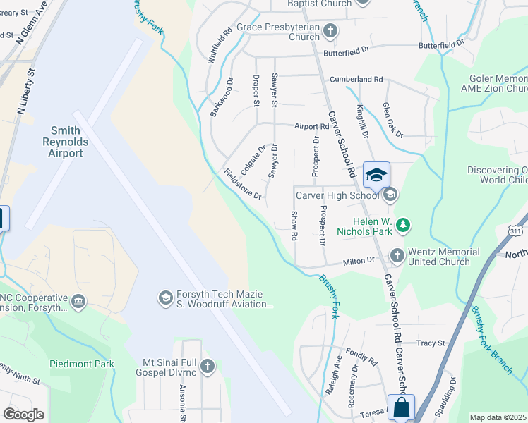 map of restaurants, bars, coffee shops, grocery stores, and more near 3608 Sawyer Drive in Winston-Salem