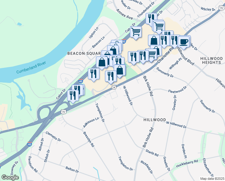 map of restaurants, bars, coffee shops, grocery stores, and more near 1248 Hillwood Private Cove in Nashville