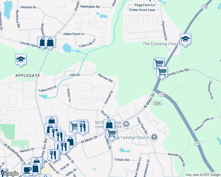 map of restaurants, bars, coffee shops, grocery stores, and more near 301 Windsor Manor Way in Kernersville