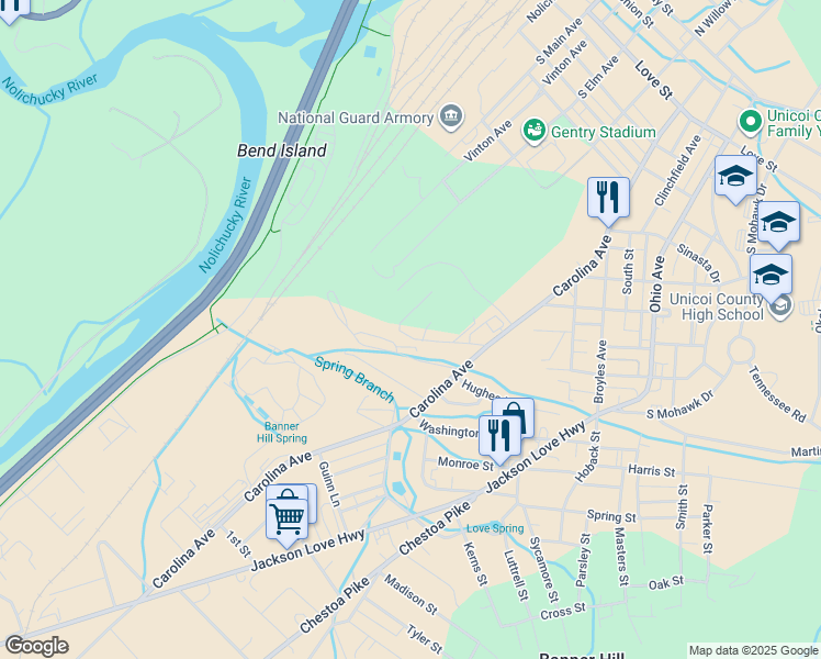 map of restaurants, bars, coffee shops, grocery stores, and more near 101 Canzada Place in Erwin