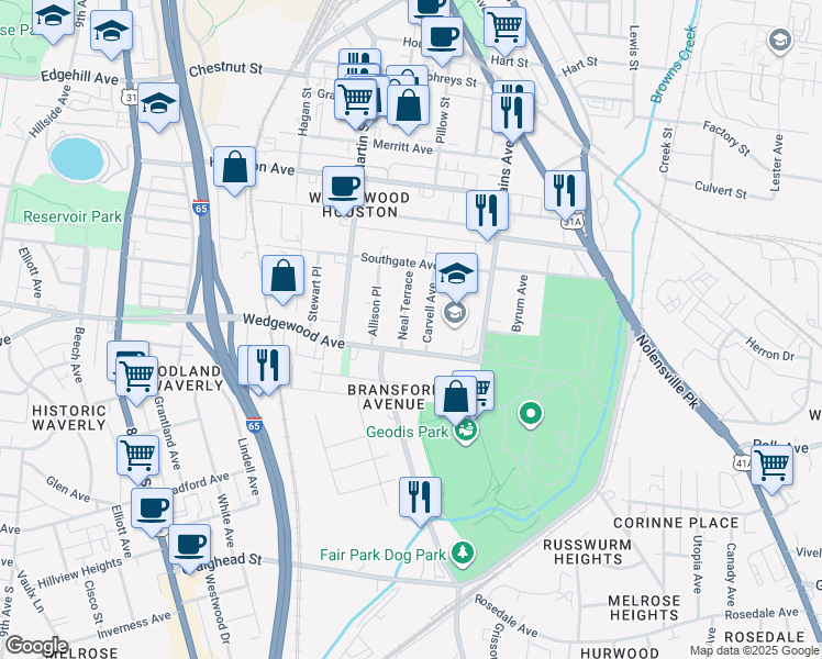 map of restaurants, bars, coffee shops, grocery stores, and more near 526 Wedgewood Avenue in Nashville