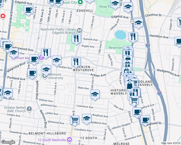 map of restaurants, bars, coffee shops, grocery stores, and more near 933 Acklen Avenue in Nashville