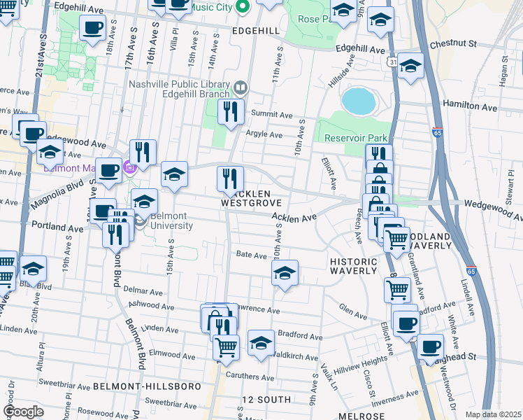 map of restaurants, bars, coffee shops, grocery stores, and more near 1013 Acklen Avenue in Nashville