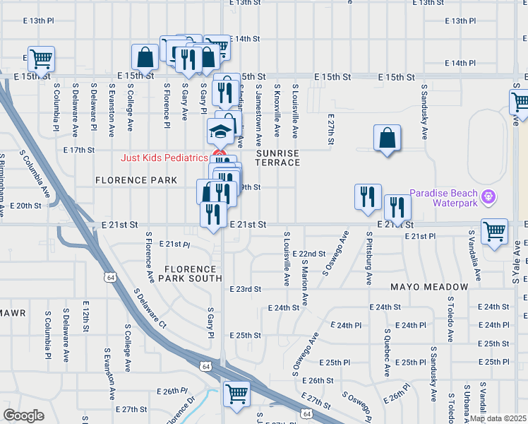 map of restaurants, bars, coffee shops, grocery stores, and more near 3415 East 21st Street in Tulsa