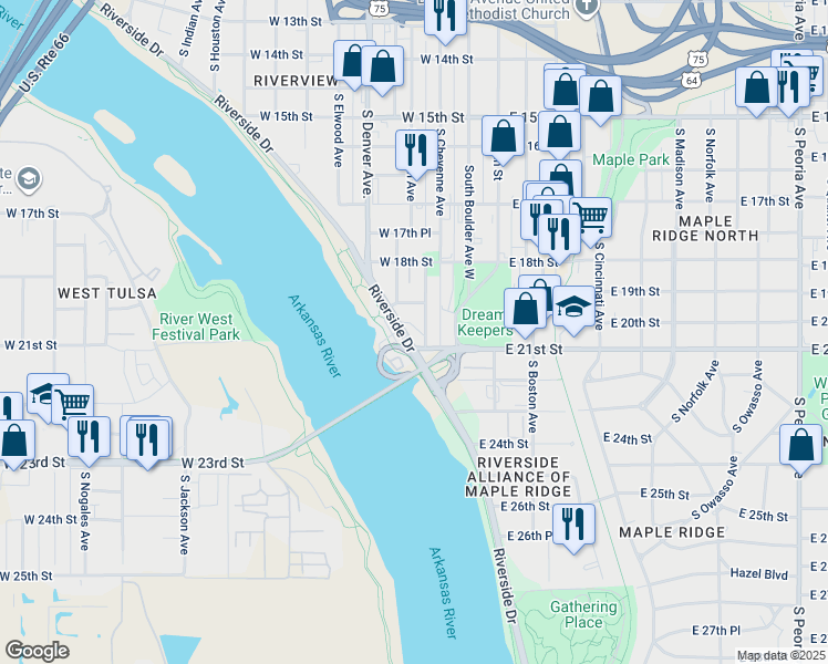 map of restaurants, bars, coffee shops, grocery stores, and more near 1929 Riverside Drive in Tulsa