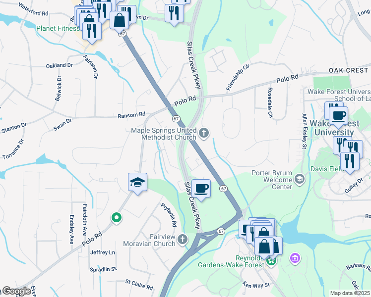 map of restaurants, bars, coffee shops, grocery stores, and more near Henning Drive in Winston-Salem