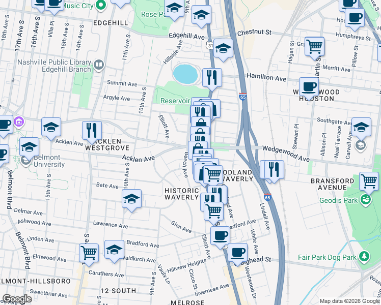 map of restaurants, bars, coffee shops, grocery stores, and more near in Nashville