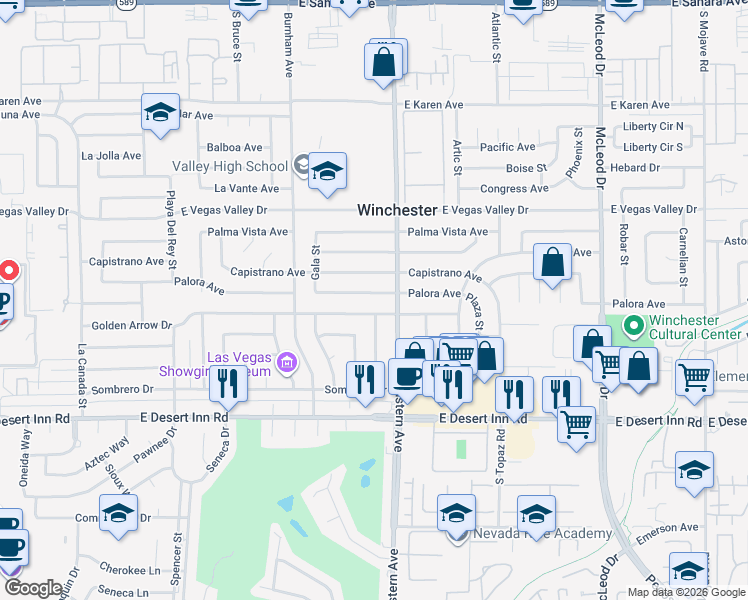 map of restaurants, bars, coffee shops, grocery stores, and more near 2333 Palora Avenue in Las Vegas