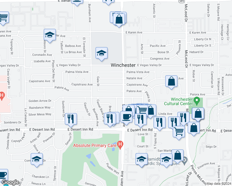 map of restaurants, bars, coffee shops, grocery stores, and more near 2333 Palora Avenue in Las Vegas