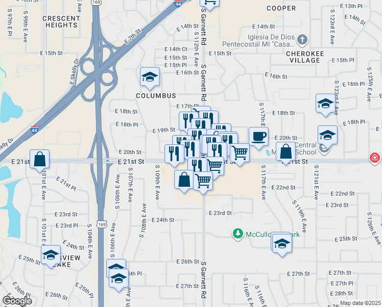 map of restaurants, bars, coffee shops, grocery stores, and more near 1940 South Garnett Road in Tulsa