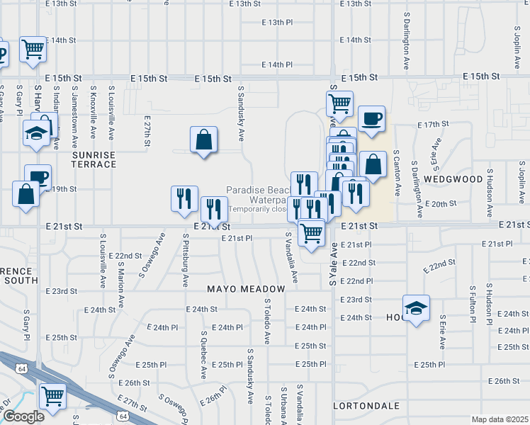 map of restaurants, bars, coffee shops, grocery stores, and more near 4531 East 21st Street in Tulsa