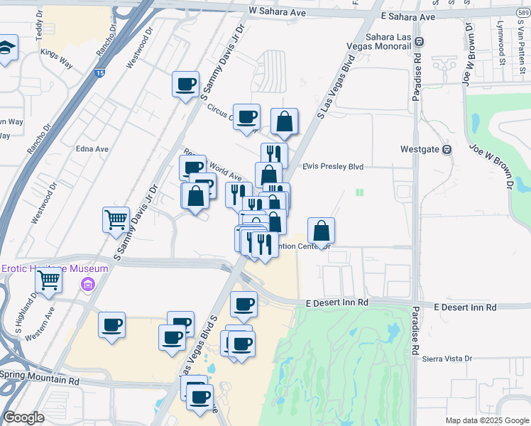 map of restaurants, bars, coffee shops, grocery stores, and more near 3000 Las Vegas Boulevard South in Las Vegas