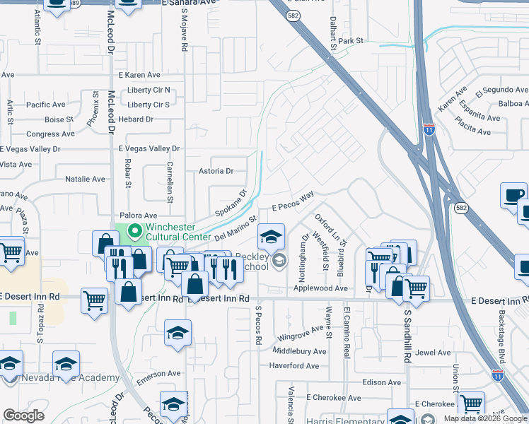 map of restaurants, bars, coffee shops, grocery stores, and more near 3409 Del Marino Street in Las Vegas