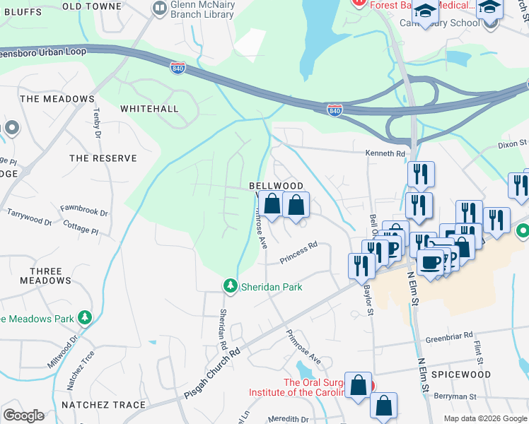 map of restaurants, bars, coffee shops, grocery stores, and more near 4393 Baylor Street in Greensboro