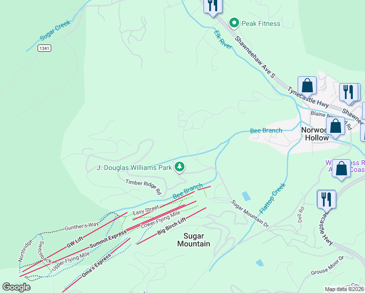 map of restaurants, bars, coffee shops, grocery stores, and more near 128 Ridgeview Road in Sugar Mountain