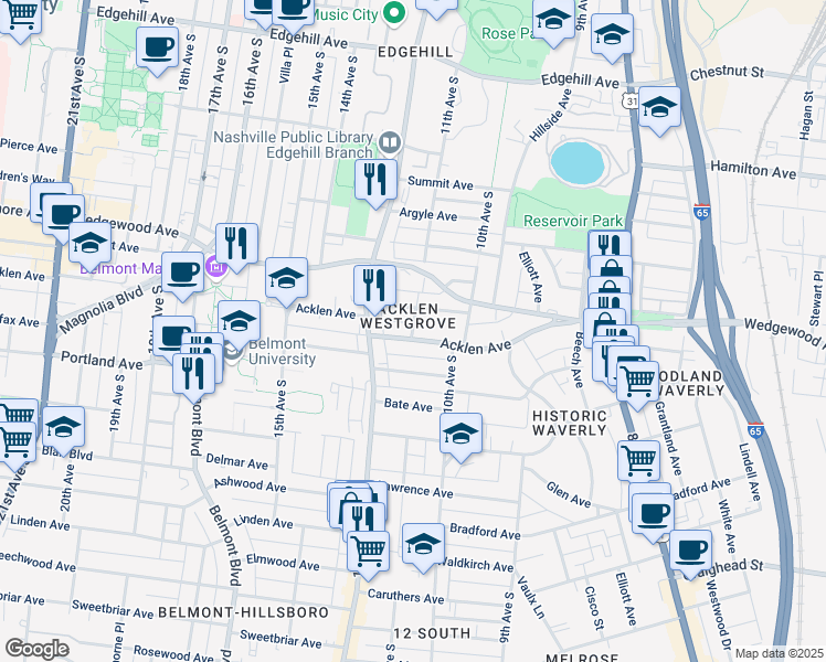 map of restaurants, bars, coffee shops, grocery stores, and more near 1013 Acklen Avenue in Nashville