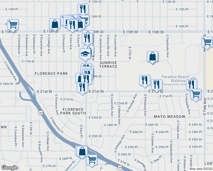map of restaurants, bars, coffee shops, grocery stores, and more near 1936 South Knoxville Avenue in Tulsa